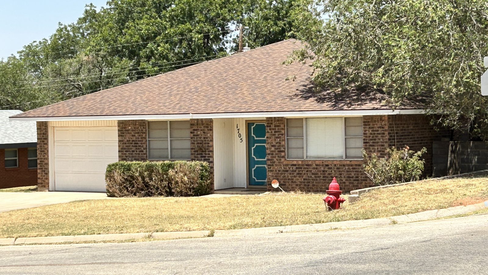 brick house, garage, blue decorative front door, fire hydrant in front yard